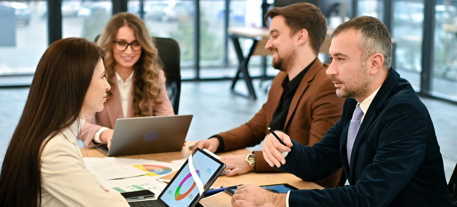 A professional team collaborating in a modern office environment
