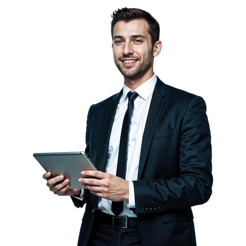 A smiling businessman holding a tablet